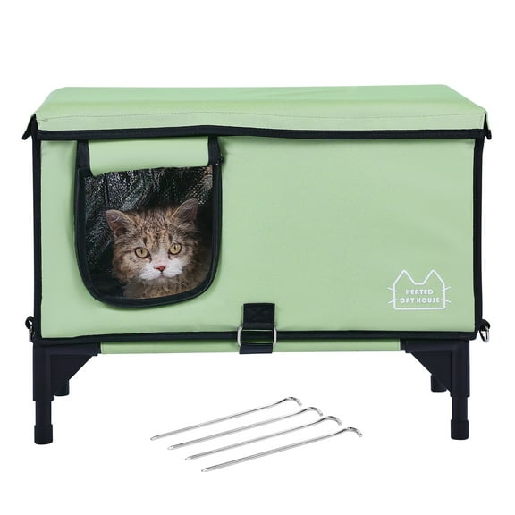 KFFKFF Raised Temperature-Controlled Feline Abode, Rectangular Feline Haven with Modifiable Heat & Timing, 900D Oxford Fabric Collapsible Cat Dwelling with Warming Mat, Green (Medium)