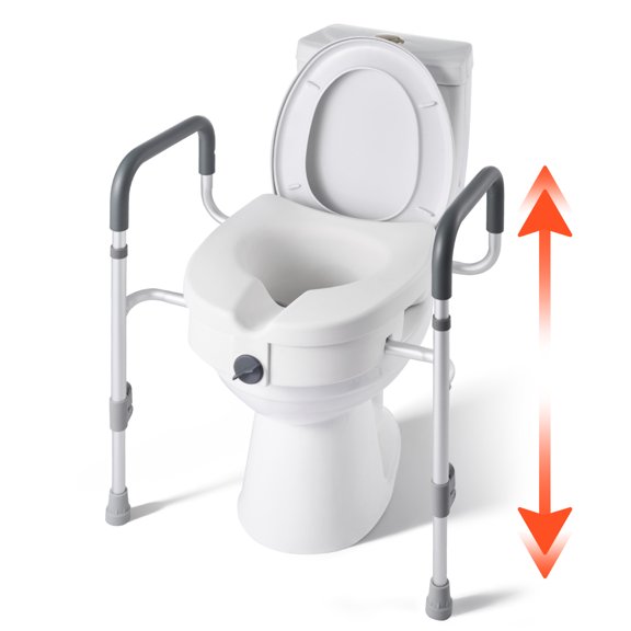 KFFKFF Raised Toilet Seat with Arms, 350 lbs Weight Capacity, 5-Inch Height Increase & Adjustable Width, Comfortable Elevated Toilet Seat Riser with Handles for Seniors, Adults