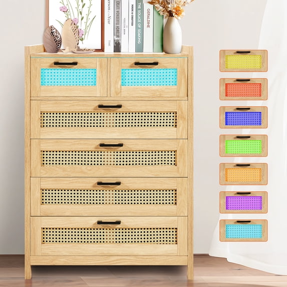 KFFKFF Rattan 5-Drawer Dresser, Contemporary Wooden Closet Organizer with 5 Compartments, Bohemian Style Rattan Storage Dresser with Robust Handles & Legs, Ideal for Bedroom, Lounge & Corridor
