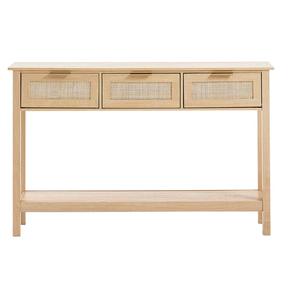 KFFKFF Rattan Accent Table, Includes 3 Drawers for Storage, Features a Rattan Sliding Door, Ideal for Living Spaces, Studies, Hallways, or as a TV Stand, Crafted with a Natural Finish
