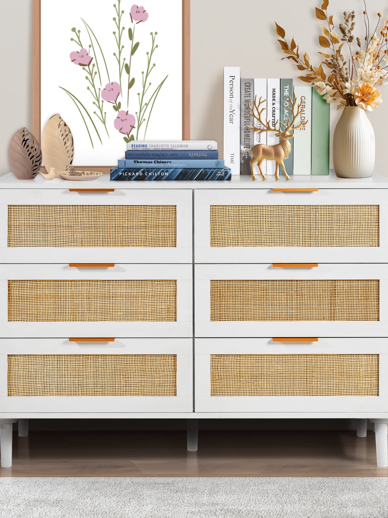 KFFKFF Rattan Dresser with Six Drawers, Contemporary Wooden Wardrobe Storage, Bohemian Style Dresser with Robust Handles and Legs, Ideal for Bedroom, Lounge, and Corridor