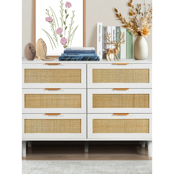KFFKFF Rattan Dresser with Six Drawers, Contemporary Wooden Wardrobe Storage, Bohemian Style Dresser with Robust Handles and Legs, Ideal for Bedroom, Lounge, and Corridor