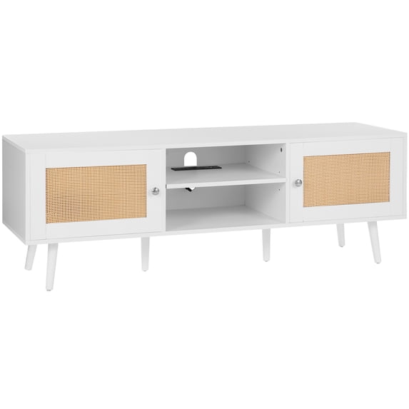 KFFKFF Rattan Television Stand for 65" TVs, Bohemian Style Stand with Rattan Front, Media Center Featuring Built-in Socket and USB Ports, Contemporary TV Cabinet for Living Spaces, Media Areas