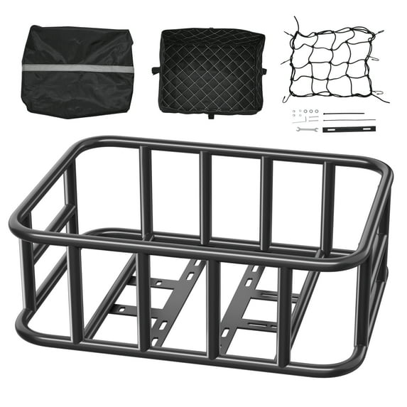 KFFKFF Rear Bicycle Basket with Cargo Net, Liner & Waterproof Cover, Durable Back Basket for Adults, Ideal for Carrying Pets, Groceries, and More, Includes Mounting Tools