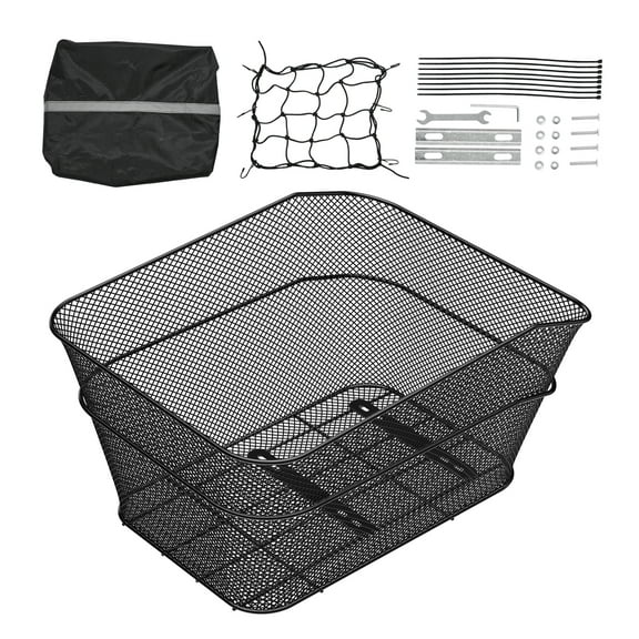 KFFKFF Rear Bicycle Basket, Sturdy Wire Mesh Design with Waterproof Cover & Cargo Net, Durable Metal Construction for Rear Racks, Includes Mounting Tools