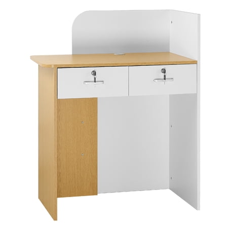 KFFKFF Reception Desk, 31.5-Inch Rectangular Front Counter Table, Modern Office Desk with LED Lighting, 2 Storage Drawers & Power Outlets, Counter Table for Checkout, Lobby, Salon, or Office Use