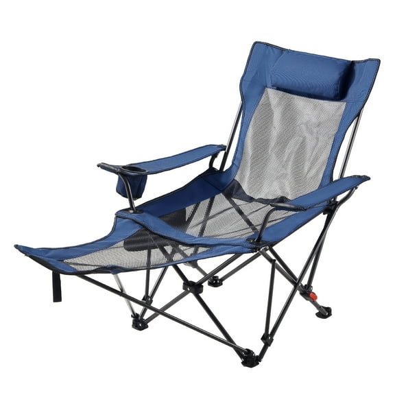 KFFKFF Reclining Camping Chair with 4 Adjustable Positions, Portable Folding Lounger for Adults, Mesh Beach Chair with Headrest and Footrest, Supports 220 lbs, Durable Outdoor Chair for Patio, Blue