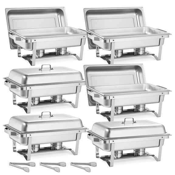 KFFKFF Rectangle Chafing Dish, 9 Qt 6-Pack Stainless Steel Food Warmer Set with Hollow Handle, 3 Tongs, Lid, Fuel Holder, and Dishes for Events, Parties, and Weddings