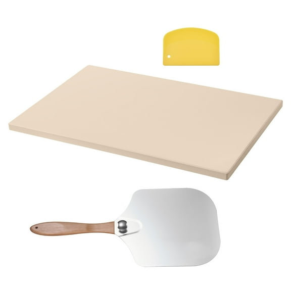 KFFKFF Rectangular Cordierite Pizza Stone, 20 x 14 x 0.6 in, Heat-Resistant up to 1450℉, Large Baking Stone with Metal Peel and Scraper for Oven and Grill Use