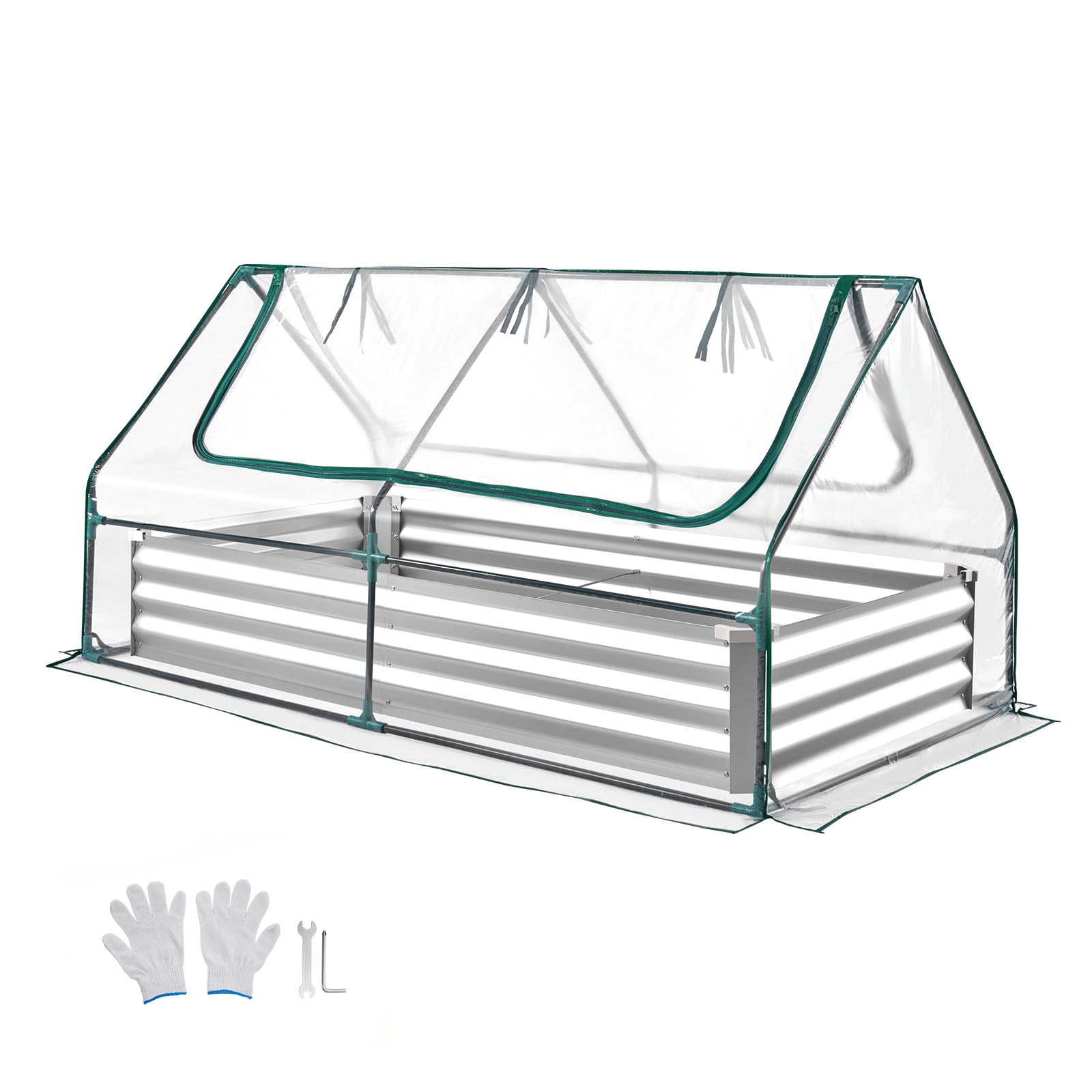 KFFKFF Rectangular Raised Garden Bed with Cover, 6 x 3 x 1 ft, Galvanized Metal Planter Box Kit for Outdoor Use, Includes PE Greenhouse Cover & Gloves, Rust-Resistant Alu-Zinc Material, Silver
