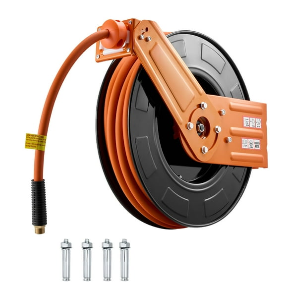 KFFKFF Retractable Air Hose Reel, 1/2 Inch x 50 FT Rubber Hose, 300 PSI Max, Auto Rewind with 5 ft Lead-In, Wall or Ceiling Mount for Garage and Workshop Use