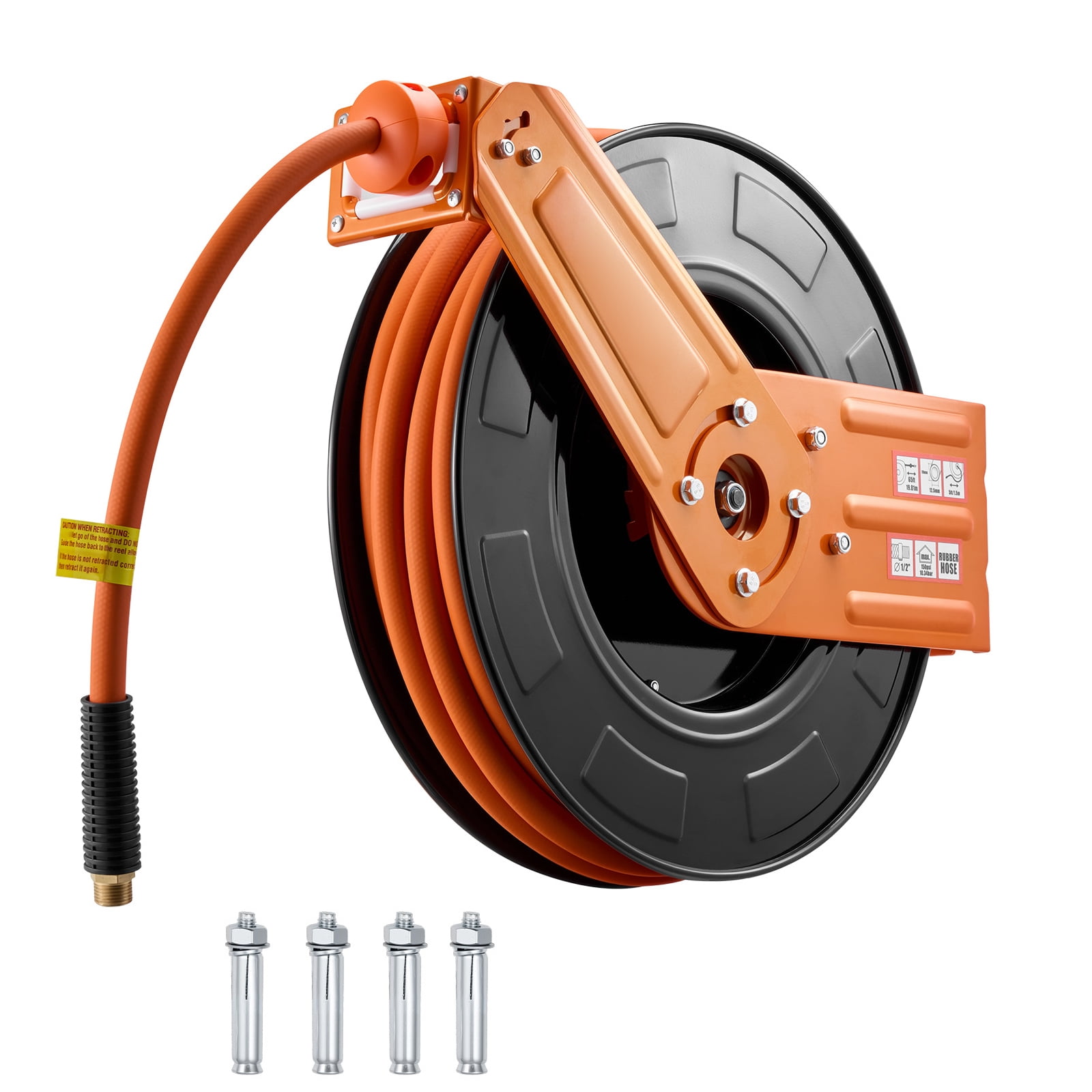 KFFKFF Retractable Air Hose Reel, 1/2 Inch x 65 FT Rubber Hose, 300 PSI Max, Auto Rewind with 5 ft Lead Hose, Wall or Ceiling Mount for Garage and Workshop Use