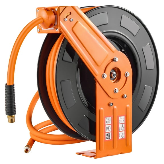 KFFKFF Retractable Air Hose Reel, 1/2 IN x 50 FT Air Hose Max 300PSI, Air Pump Hose Spool Self-Retracting with 5FT Lead in, Ceiling/Wall Install Robust Single Arm Steel Spool, 1/2" NPT Connection
