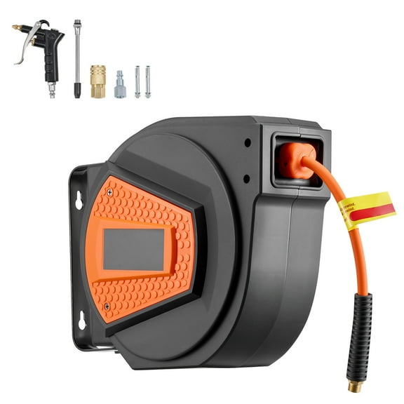 KFFKFF Retractable Air Hose Reel, 1/4 Inch x 50 FT Hybrid Hose, 300 PSI Max Pressure, Auto Rewind with 6.6 ft Lead-In Hose & Blow Gun, 180 Swivel Mount for Ceiling or Wall