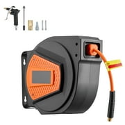 KFFKFF Retractable Air Hose Reel, 1/4 Inch x 50 FT Hybrid Hose, 300 PSI Max Pressure, Auto Rewind with 6.6 ft Lead-In Hose & Blow Gun, 180  Swivel Mount for Ceiling or Wall