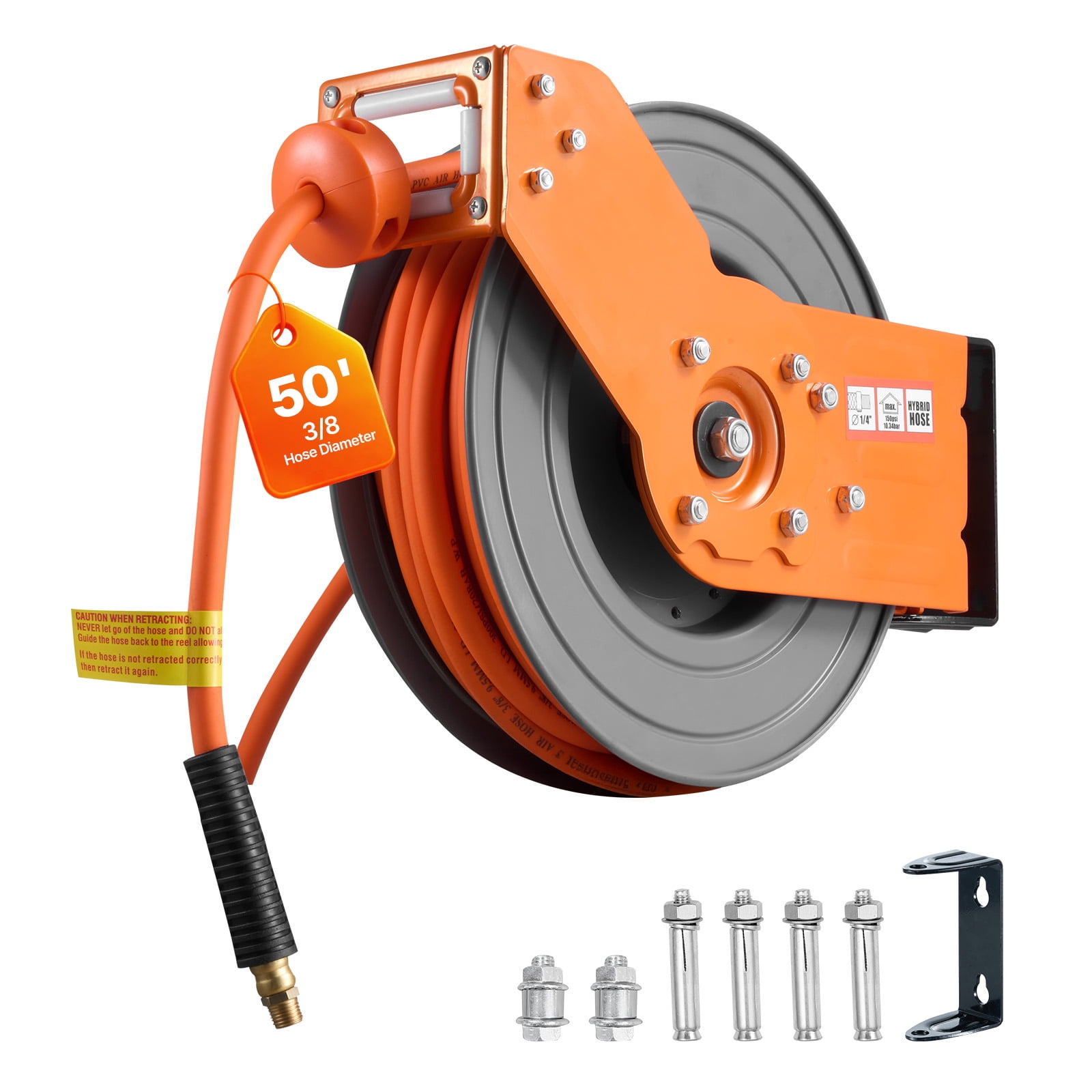 KFFKFF Retractable Air Hose Reel, 3/8 Inch x 50 FT Hybrid Hose, 300 PSI Capacity, Auto Rewind with 5 ft Lead-In, 180° Swivel Mount for Garage and Workshop Use