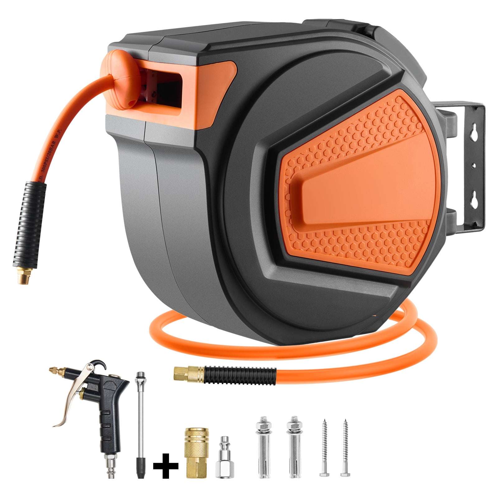 KFFKFF Retractable Air Hose Reel, 3/8IN x 65FT Hybrid Air Hose with a Maximum of 300PSI, Air Pump Hose Reel with 6.6 FT Lead in, Suitable for Ceiling/Wall Mounting