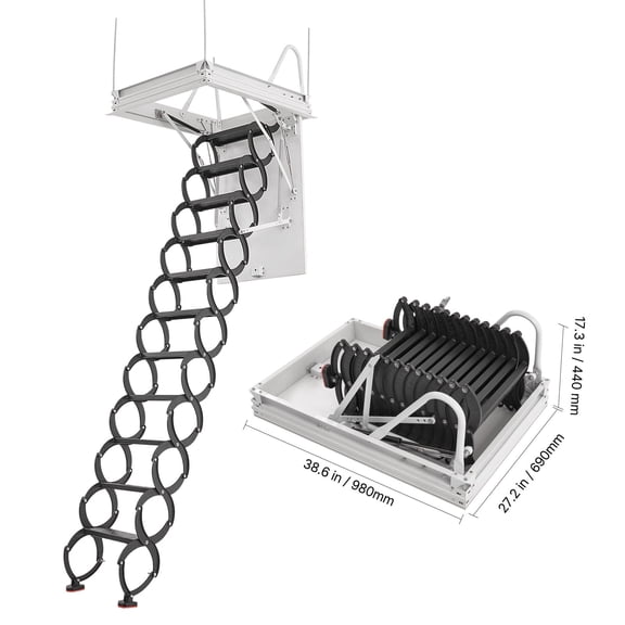 KFFKFF Retractable Alloy Steel Attic Ladder, 660 lbs Capacity, Compatible with Ceiling Heights of 8.5-9.4 ft and 39.4 x 27.5 inch Opening, Includes Pulling Rod for Easy Access to Loft or Roof Spaces