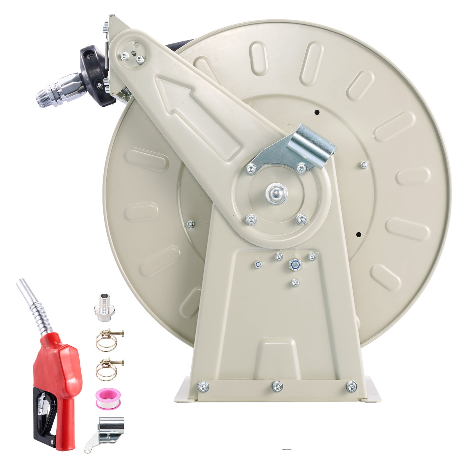 KFFKFF Retractable Fuel Hose Reel, 3/4 inch x 33 ft, Spring-Driven Rewind, 300 PSI, Durable Carbon Steel Frame with Industrial Rubber Hose, Suitable for Diesel and Kerosene