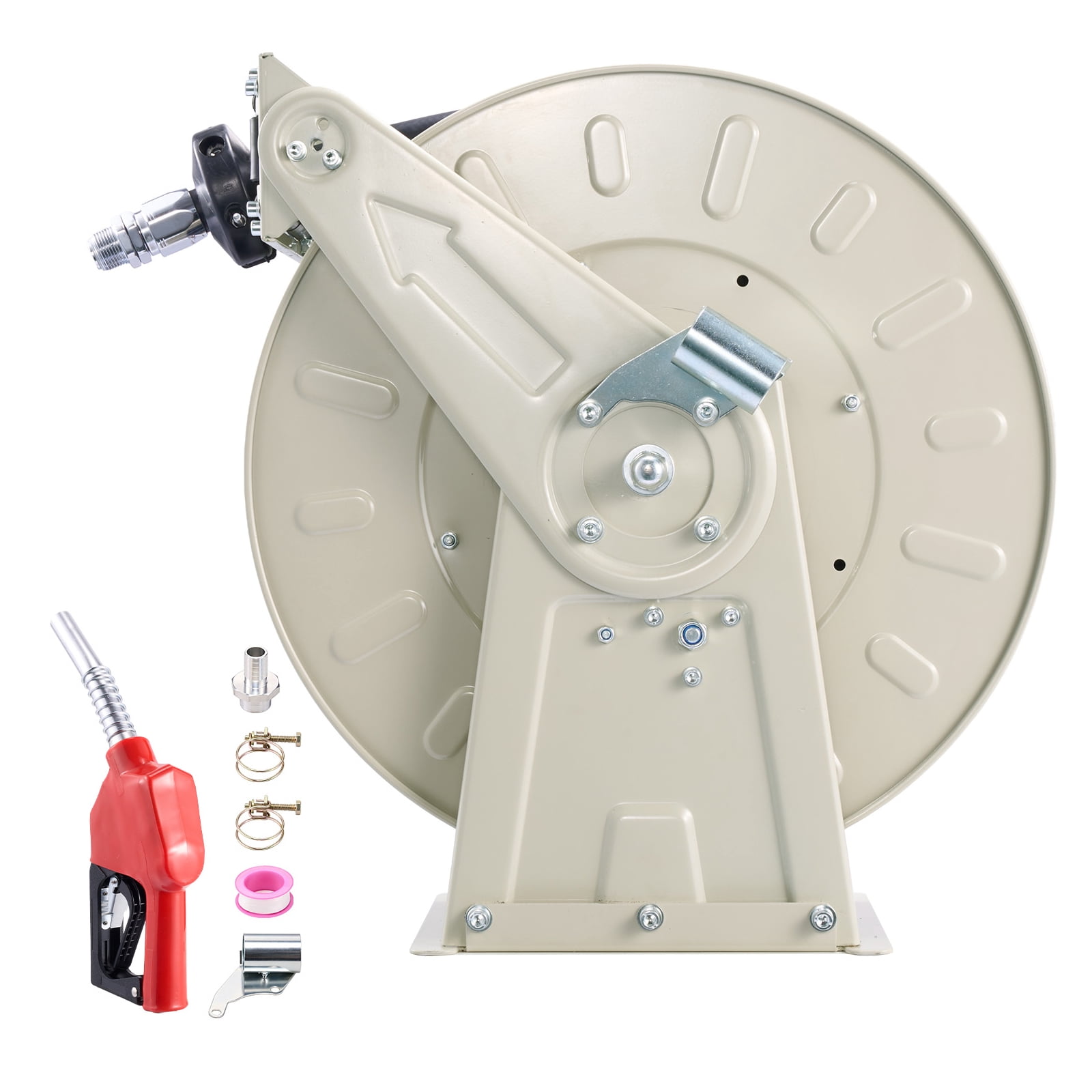 KFFKFF Retractable Fuel Hose Reel, 3/4 inch x 50 ft, Spring-Driven Auto Rewind, 300 PSI, Durable Carbon Steel Frame with Industrial-Grade Rubber Hose, Suitable for Diesel and Kerosene