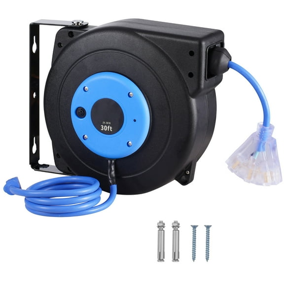 KFFKFF Retractable Power Cable Reel, 30 FT, Durable 16AWG/3C SJTOW Cable Reel with Illuminated Triple Outlet, 10 Amp Safety Breaker, 4.5FT Connection Cord, Suitable for Ceiling or Wall Installation