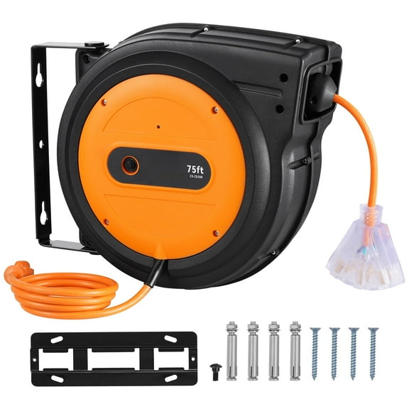 KFFKFF Retractable Power Cable Reel, 75 FT, Durable 14AWG/3C SJTOW Cable with Illuminated Triple Outlet, 13 Amp Safety Breaker, 180 Pivot Bracket for Wall or Ceiling Installation