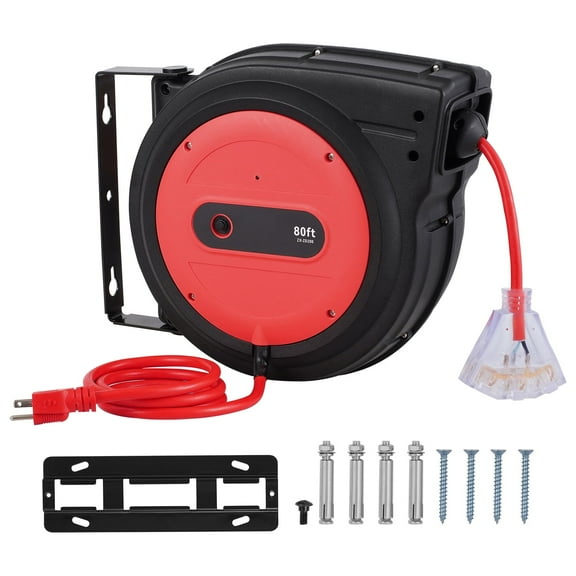 KFFKFF Retractable Power Cable Reel, 80 FT, Durable 12AWG/3C SJTOW Extension Cord with Illuminated Triple Outlet, 15 Amp Safety Breaker, 180 Pivot Bracket for Wall or Ceiling Installation