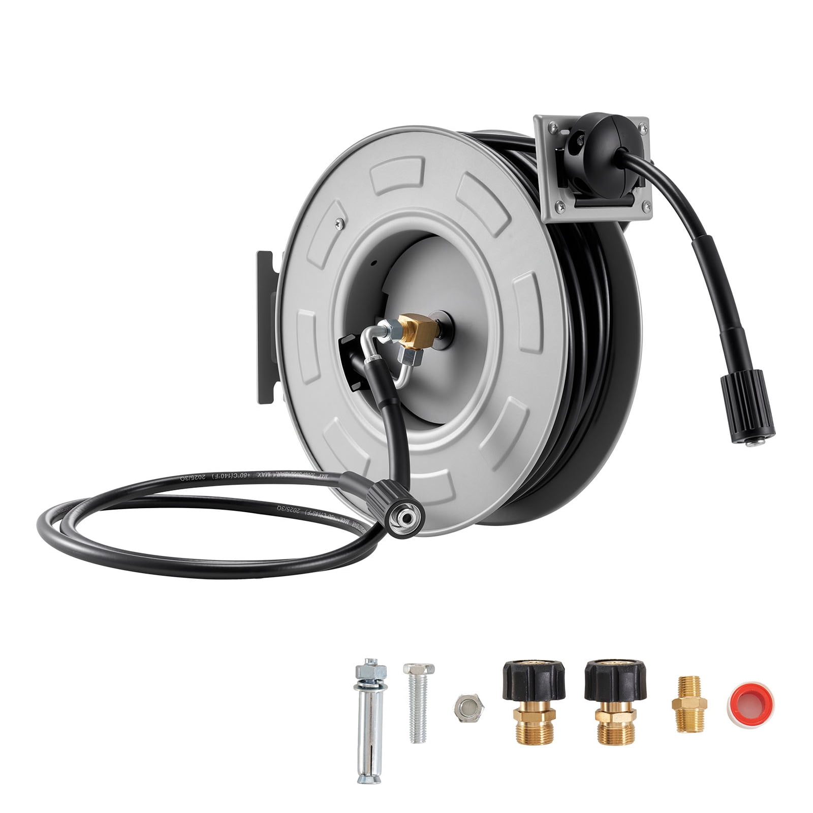 KFFKFF Retractable Pressure Washer Hose Reel, 65 ft x 1/4 inch Heavy-Duty Steel, 3200 PSI Max, Auto-Rewind, Wall/Floor Mount for Cleaning Cars, Gardens, and Floors