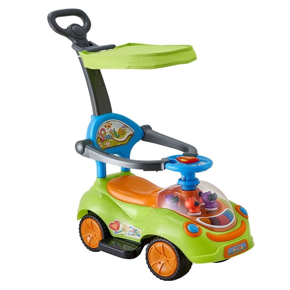 KFFKFF Ride-On Push Car for Toddlers 19+ Months, Sit-to-Stand Vehicle with Handle, Suitable for Boys and Girls, Buggy with Safety Guardrails, Removable Canopy, Music, Lights, Storage