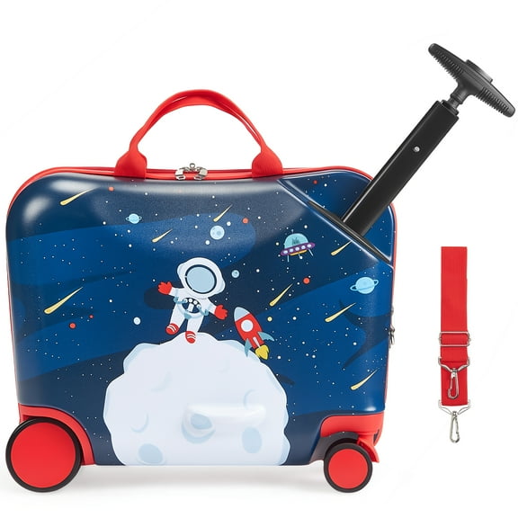 KFFKFF Ride-on Luggage, 26 L Capacity, 18-Inch Toddler Carry-On with Wheels, Adjustable Strap, Lightweight Kids Suitcase for Ages 3 , Blue & White