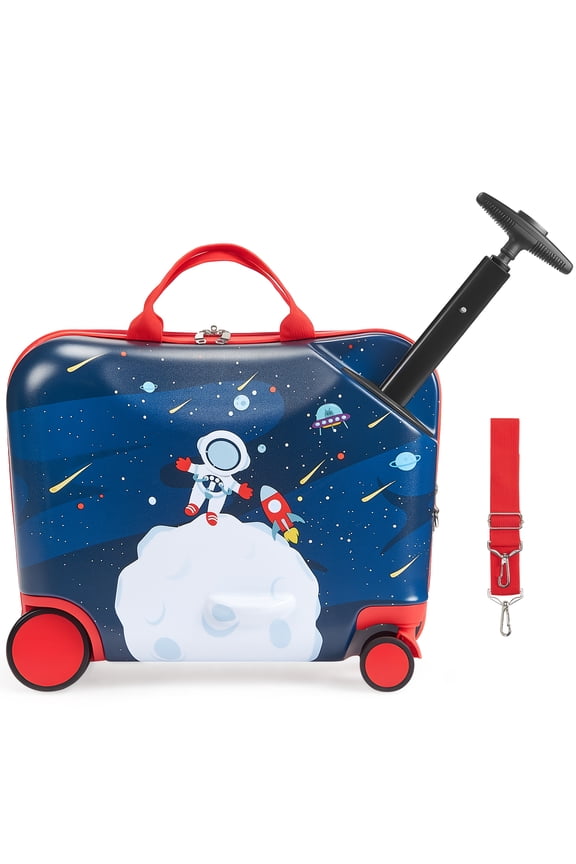 Ride-on Luggage, 26 L Capacity, 18-Inch Toddler Carry-On with Wheels, Adjustable Strap, Lightweight Kids Suitcase for Ages 3+, Blue & White