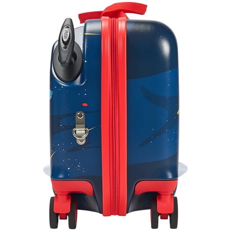 KFFKFF Ride-on Luggage, 26 L Capacity, 18-Inch Toddler Carry-On with Wheels, Adjustable Strap, Lightweight Kids Suitcase for Ages 3+, Blue & White