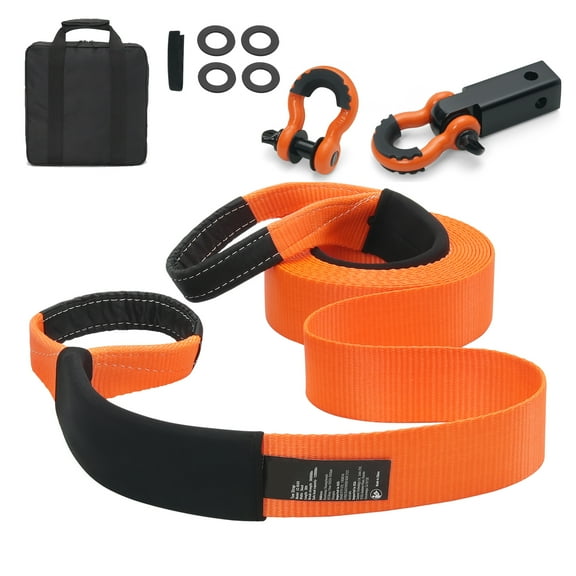 KFFKFF Robust Polyester Towing Strap Kit 3" x 30 ft (MBS-36,000 lbs), Winch Strap with Triple Strengthened Loop, Snatch Strap + 2" Hitch Receiver for Shackle + 3/4" D-Ring Shackles (2PCS)