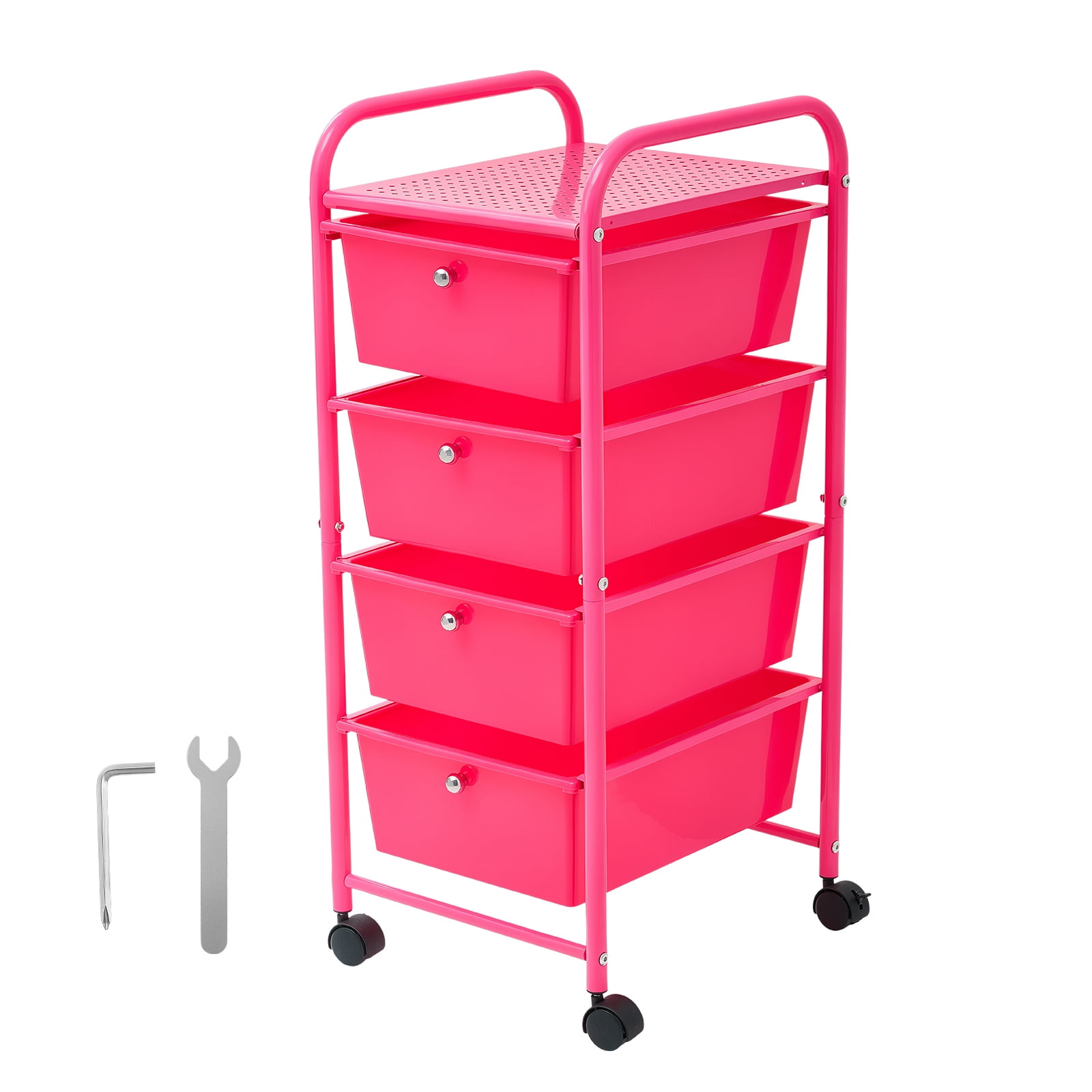 KFFKFF Rolling Cart with Drawers, 4-Tier Storage Organizer, Mobile Utility Cart with Sturdy Steel Frame, Smooth Casters & 2 Locking Wheels, Ideal for Office, Classroom, Craft Supplies,Garage,Rose Red