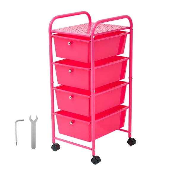 KFFKFF Rolling Cart with Drawers, 4-Tier Storage Organizer, Mobile Utility Cart with Sturdy Steel Frame, Smooth Casters & 2 Locking Wheels, Ideal for Office, Classroom, Craft Supplies,Garage,Rose Red