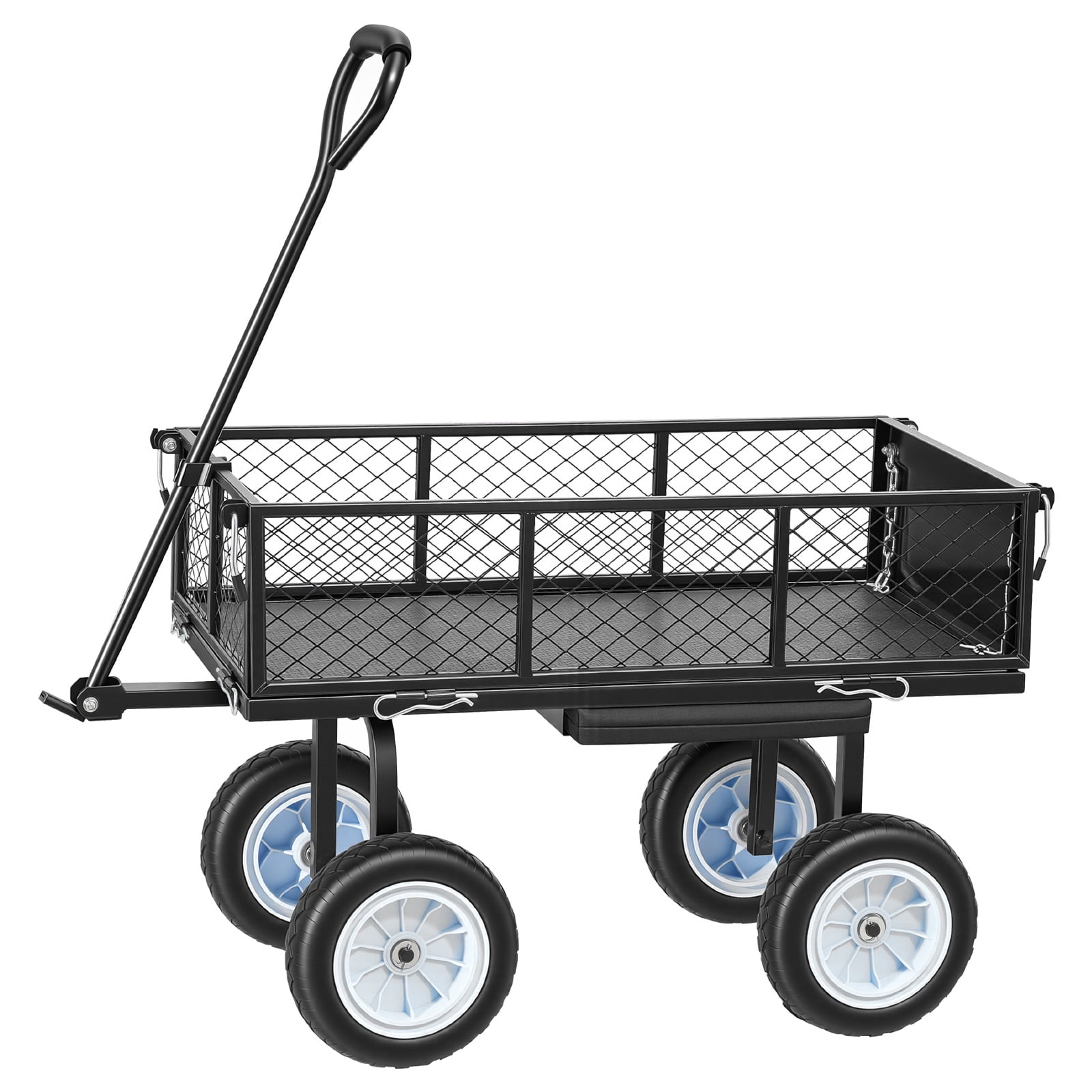 KFFKFF Rolling Garden Cart with Seat, 500 lbs Capacity, Durable Steel Gardening Stool with Wheels, Includes Tool Tray and Adjustable Handle, Outdoor Yard Wagon for Lawn, Patio, and Backyard, Black