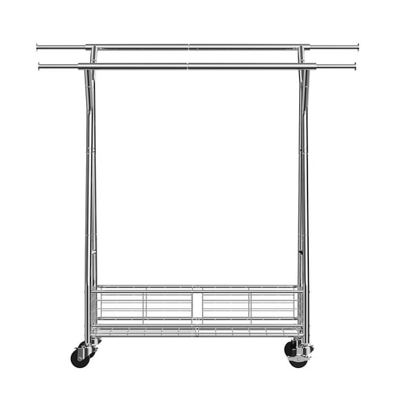 KFFKFF Rolling Garment Rack with Dual Hanging Rods and Storage Basket, 330 lbs Capacity, Adjustable Carbon Steel Clothing Rack with Wheels for Bedroom, Laundry, and Living Room