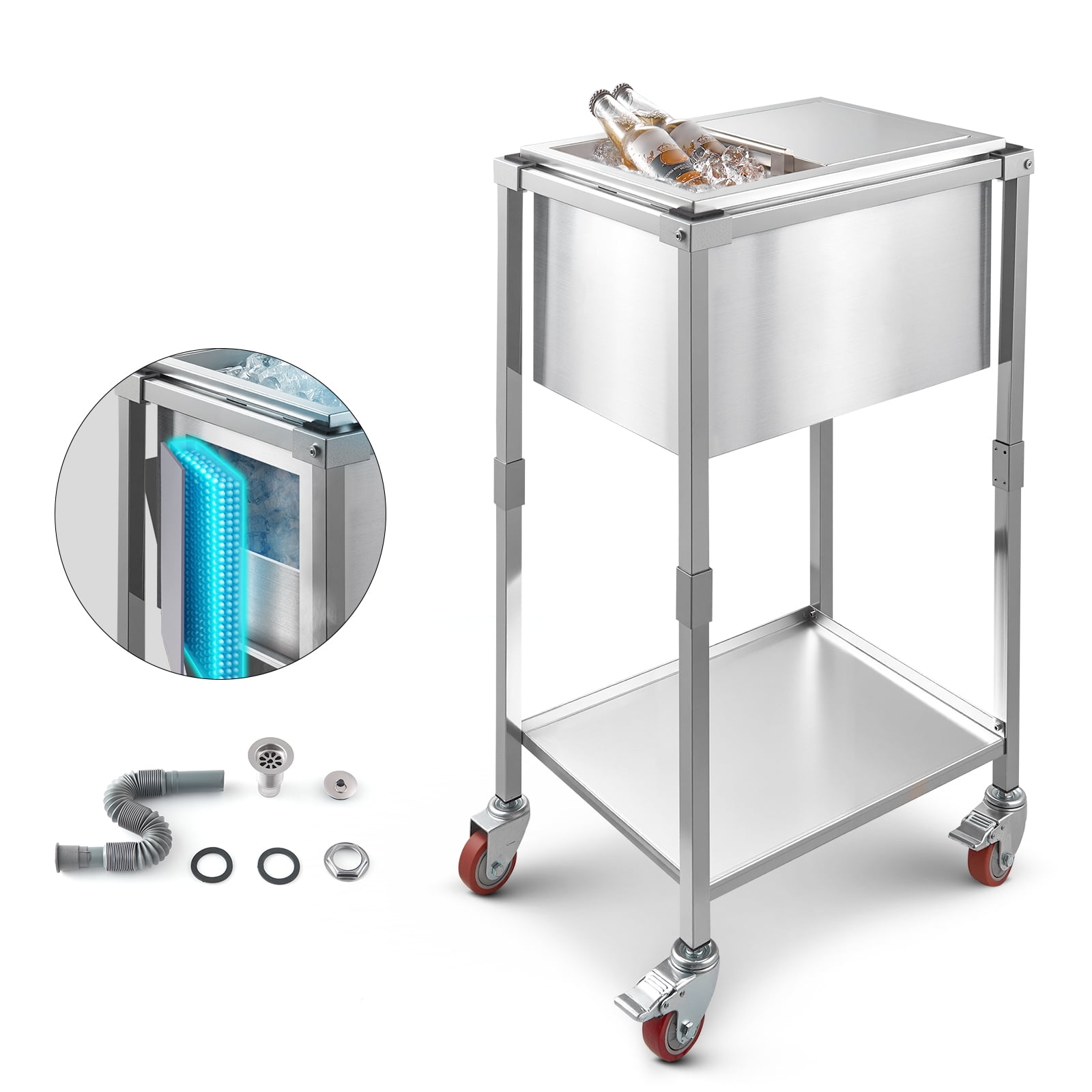 KFFKFF Rolling Ice Chest Cooler Cart, 20"L x 14"W x 38"H Stainless Steel Cooling Bin with Wheels, 29.6 Quart Outdoor Cooler Trolley with Shelf for Patio, Backyard, Party, and Cold Beverages