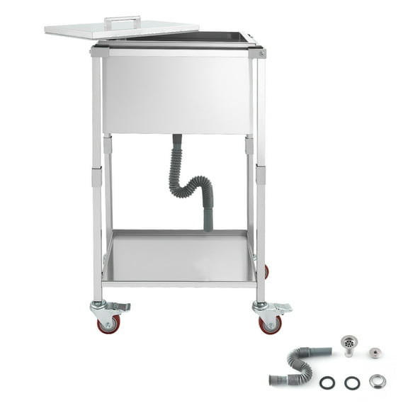 KFFKFF Rolling Ice Chest Cooler Cart, 22"L x 16"W x 38"H Stainless Steel Cooling Bin with Wheels, 32.8 Quart Outdoor Cooler Trolley with Shelf for Patio, Backyard, Party, and Bar Drinks