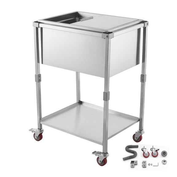KFFKFF Rolling Ice Chest Cooler Cart with Stainless Steel Bin, 44.8 Quart Capacity, Outdoor Cooler Trolley with Wheels, Sliding Lid, and Shelf for Patio, Backyard, Parties, 26x19.9x38.8 in