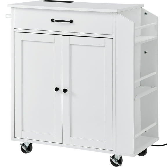 KFFKFF Rolling Kitchen Island Cart, 32" Kitchen Storage Cart with Countertop and Drawer, Movable Table featuring Power Socket, Herb Holder, Towel Hanger, Modifiable Shelf, Drawer,Wheel-Mounted, White