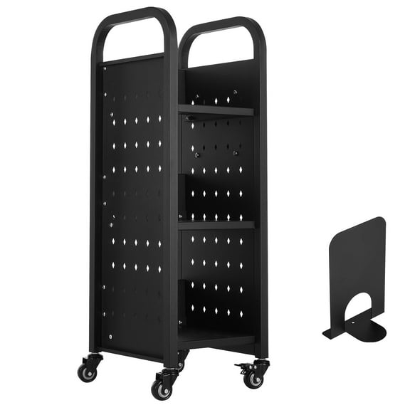 KFFKFF Rolling Library Book Cart, 220 lbs Load Capacity, 12.6 x 13.8 x 36.8-Inch Cart with Single-Sided L-Shaped Shelves and 2-Inch Lockable Wheels, Ideal for Home, Office, and School Use, Black