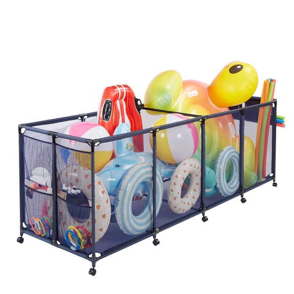 KFFKFF Rolling Pool Storage Bin, 103 x 32 x 35 in, Organizer with Side Pockets & Noodles Holder, Sturdy Metal Frame, Breathable Mesh Basket for Poolside Toys and Swimming Accessories
