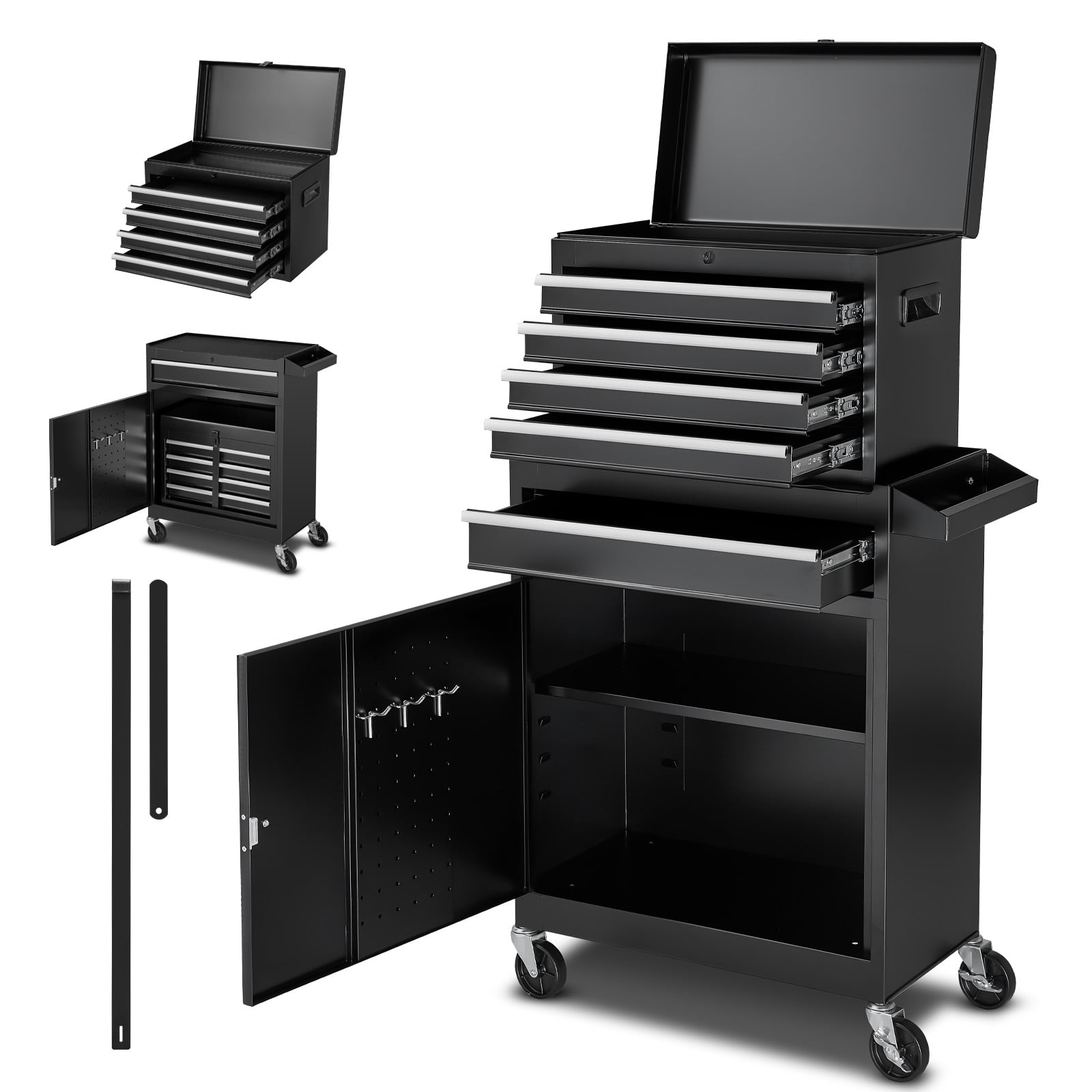KFFKFF Rolling Tool Chest with 2-in-1 Design, 5-Drawer Tool Cabinet Organizer Featuring Detachable Top Toolbox, Locking Bar, Protective Liner, and Tool Rack for Garage, Workshop, or Warehouse Storage