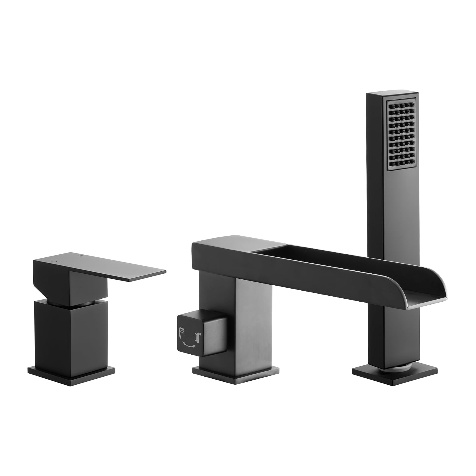 KFFKFF Roman Tub Faucet, 3-Hole Waterfall Bathtub Fixture, Widespread Tub Faucet with Shower Head & Single Handle, Ideal for Pet Cleaning and Bathing, Matte Black Finish, Dual Water Flow Options