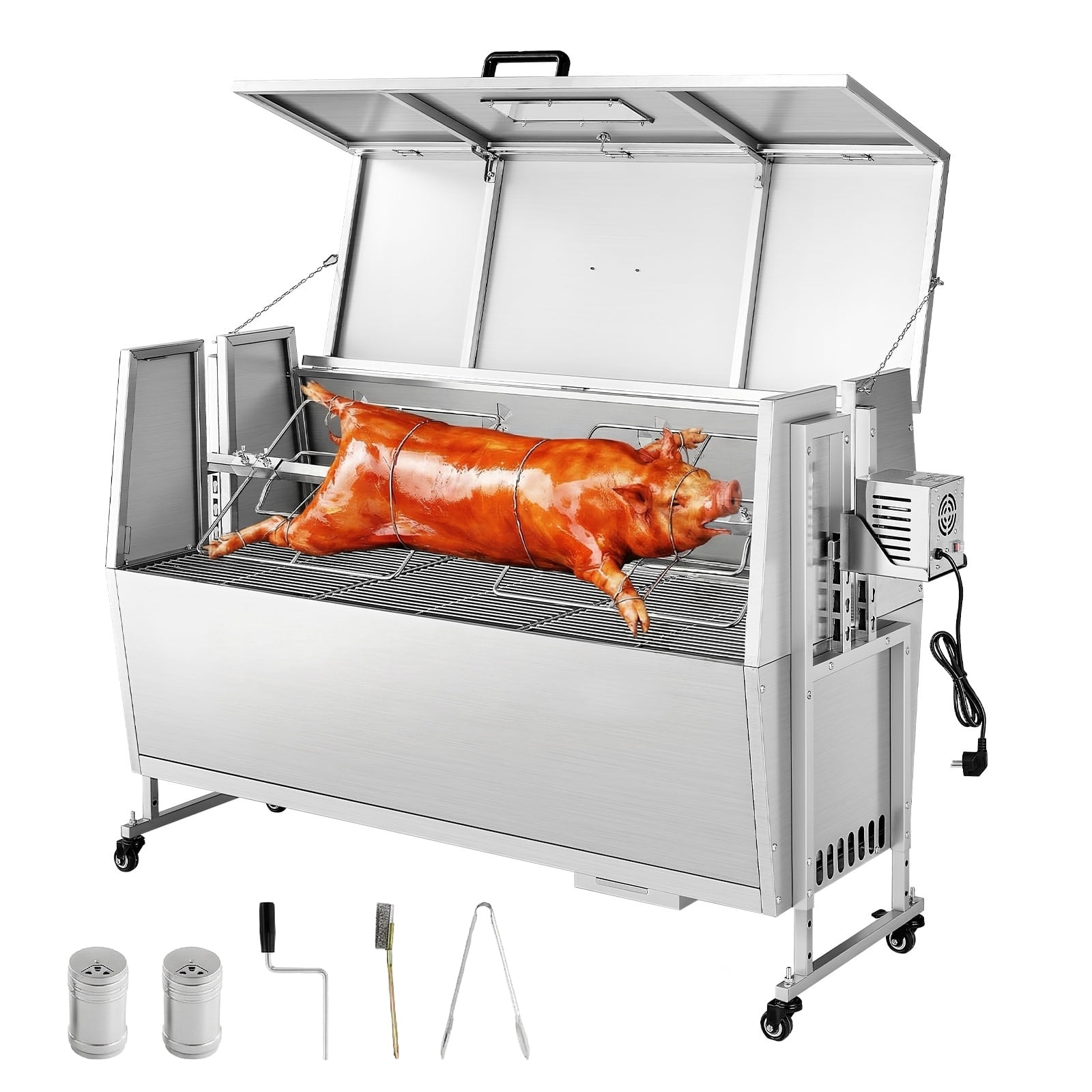 KFFKFF Rotisserie Grill 38W BBQ Outdoor Spit Roaster for Pig & Lamb, Charcoal Roaster with 132 lbs Capacity, Adjustable Height Levels, Wheels, and Stainless Steel Electric Grill Kit for Camping
