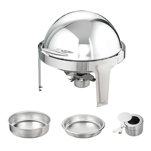 KFFKFF Round Buffet Warmer Set, 6 Qt Dual Pack, Includes Stainless Steel Servers, 2 Full Pans, Lid, Water Tray, Stand, Fuel Holder, Serves 5+ Per Unit
