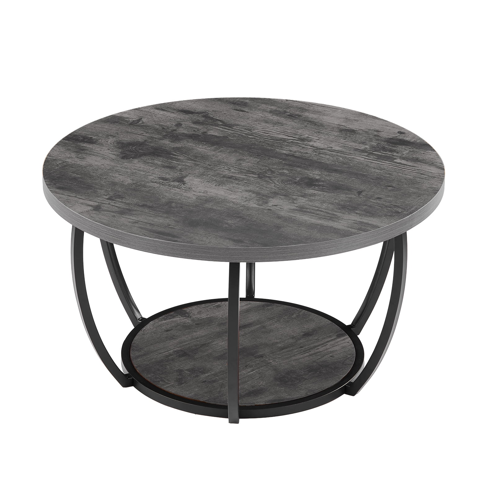 KFFKFF Round Coffee Table, Modern 2-Tier Wooden Center Table with Open Storage, Minimalist Design with Sturdy Metal Frame for Living Room or Office, Easy to Assemble, Grey