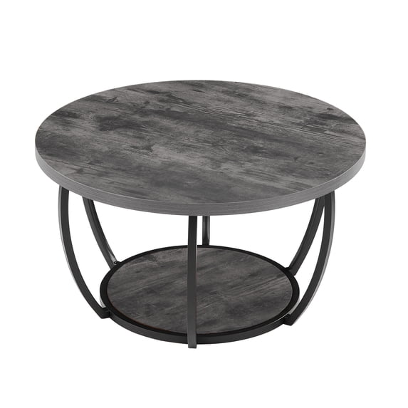 KFFKFF Round Coffee Table, Modern 2-Tier Wooden Center Table with Open Storage, Minimalist Design with Sturdy Metal Frame for Living Room or Office, Easy to Assemble, Grey