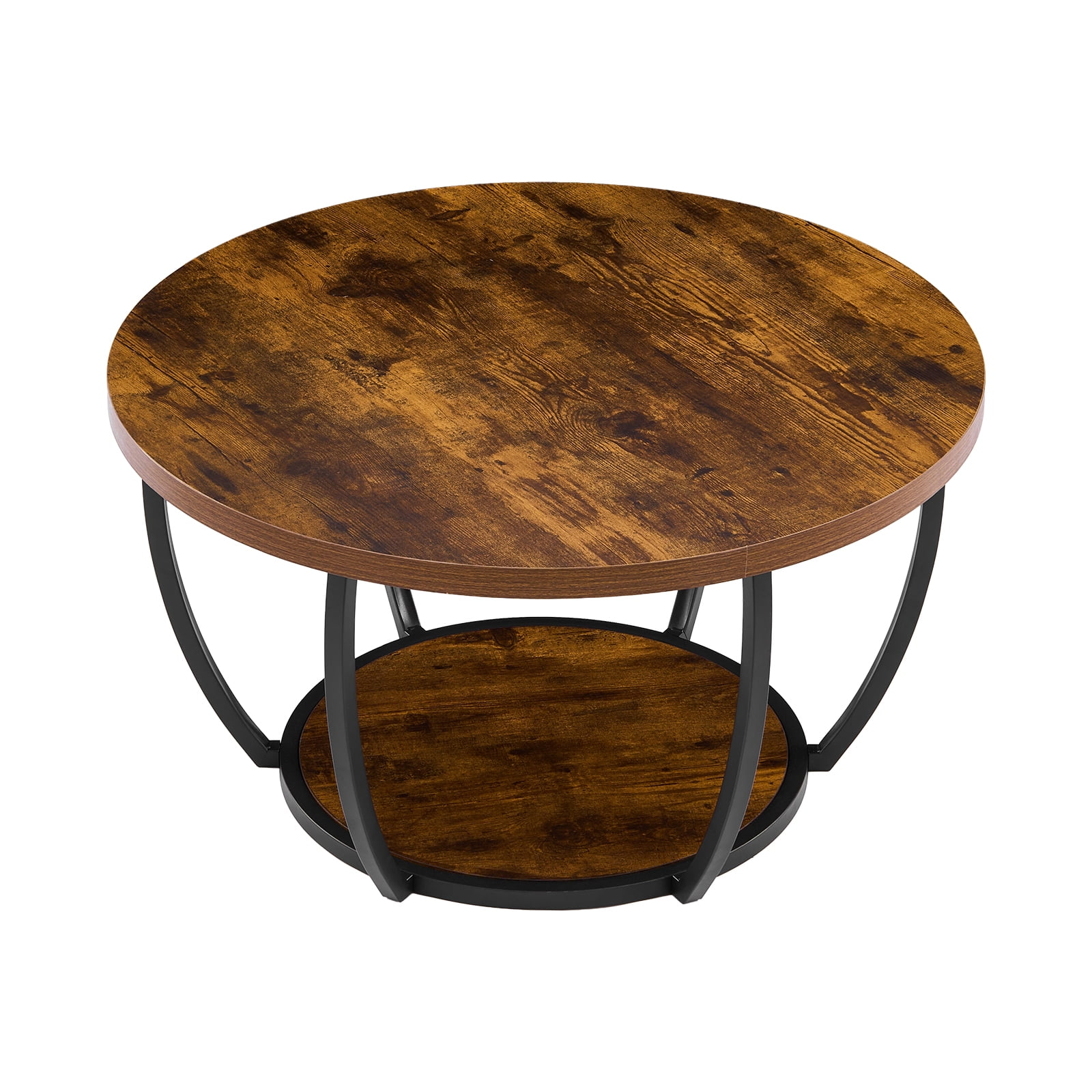KFFKFF Round Coffee Table, Modern 2-Tier Wooden Center Table with Open Storage, Minimalist Metal Frame Design for Living Room or Office, Easy to Assemble, Rustic Brown Finish